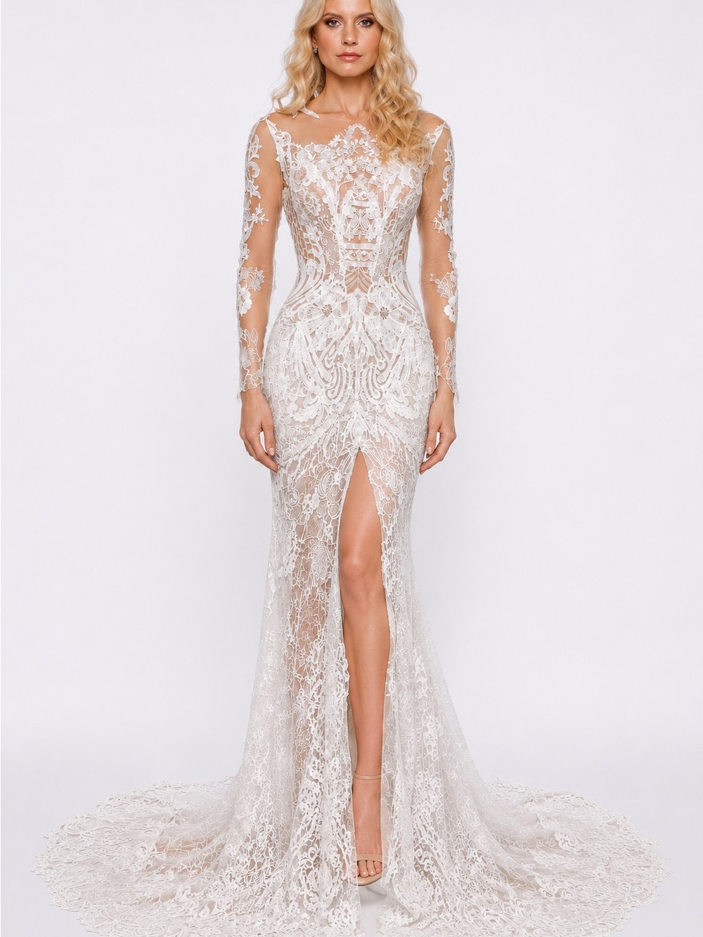 Elegant White Lace Mermaid Wedding Dress with Sheer Long Sleeves